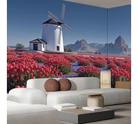 hgjdjhnf Papel pintado fotográfico de tela de seda con molinos de viento y campos de tulipanes, estilo paisaje rural, papel pintado con motivos para salón/dormitorio, 150 cm x 105 cm