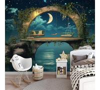 hgjdjhnf Papel pintado fotográfico fantasía noche paz azul dorado panorámico imagen de pared para sala de estar y habitación infantil efecto 3D papel pintado no tejido, 350 cm x 256 cm