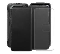 HGJTFANY Funda + Cristal Templado para Blackview Rock 1 (6.56"), HD Vidrio Templado con Flip PU Leather Carcasa Soporte Plegable Función de Cover Billetera Case - Black