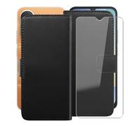 HGJTFANY Funda + Cristal Templado para Redmi A7 Pro 4G (6.88"), HD Vidrio Templado con Flip PU Leather Carcasa Soporte Plegable Función de Cover Billetera Case - Black