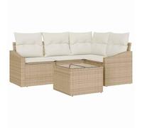 HGKMBRY Juego de 5 sofás de poliratán beige con cojín, sofá de jardín para exteriores con mesa regulable en altura y bolsillos de almacenamiento impermeables
