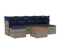 HGKMBRY Juego de 7 sofás de jardín con cojines de ratán gris con mesa de madera de acacia y taburete, diseño modular con espacio de almacenamiento debajo de los asientos y bolsillos repelentes al agua