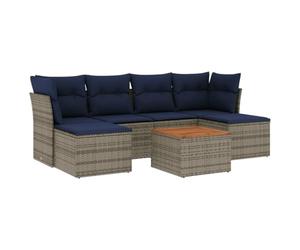 HGKMBRY Juego de 7 sofás de jardín con cojines de ratán gris con mesa de madera de acacia y taburete, diseño modular con espacio de almacenamiento debajo de los asientos y bolsillos repelentes al agua