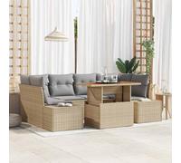 HGKMBRY Juego de mesa de jardín de ratán sintético de 7 piezas con cojines en beige y gris, mesa de comedor rectangular y banco con espacio de almacenamiento, juego modular de comedor al aire libre