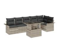 HGKMBRY Juego de sofá de jardín modular con cojines de 7 piezas, polirratán gris claro, juego de comedor rectangular para exteriores con 6 asientos, mesa de cristal regulable en altura y recubrimiento