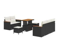 HGKMBRY Juego de sofás de jardín de 8 piezas, color negro, polirratán con madera de acacia, juego de sofá modular para exteriores con marco de acero lacado en polvo, cojín de espuma extraíble y funda