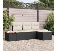 HGKMBRY Sofá de jardín con cojín, 4 piezas, negro/crema, poliratán, grupo modular de sillón exterior con espacio de almacenamiento