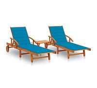 HGKMBRY Tumbona de jardín de madera maciza de acacia, 2 piezas, con mesa y cojín, juego de jardín para terraza y piscina, posición reclinable ajustable, plegable y con ruedas para facilitar