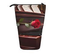 hgnbcsa Estuche para lápices con cremallera y diseño de rosa roja sobre piano, bolsa de diseño telescópico, compacto a expandible, para artículos de papelería y cosméticos