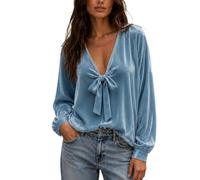 HGNTYZUN Blusa de terciopelo para mujer, manga larga, cuello en V, blusas ajustadas, ligeras, transpirables, camisas de trabajo, parte superior de baño, para uso diario, O azul., XL