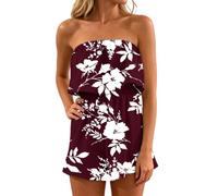 HGNTYZUN Mono corto para mujer, con peto de playa sin tirantes, vestido de playa, sin mangas, con hombros descubiertos, vestido floral, vestido largo y elegante, P Ladrillo Rojo, L