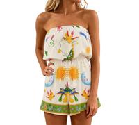 HGNTYZUN Mono corto para mujer, con peto de playa sin tirantes, vestido de playa, sin mangas, con hombros descubiertos, vestido floral, vestido largo y elegante, Q amarillo, M