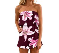 HGNTYZUN Mono corto para mujer, con peto de playa sin tirantes, vestido de playa, sin mangas, con hombros descubiertos, vestido floral, vestido largo y elegante, O Ladrillo Rojo, L