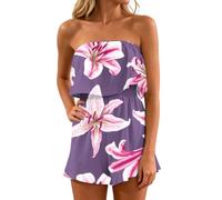 HGNTYZUN Mono corto para mujer, con peto de playa sin tirantes, vestido de playa, sin mangas, con hombros descubiertos, vestido floral, vestido largo y elegante, O Púrpura, XXXL