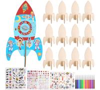 HGRGHH Cohetes Decoracion, 12 Piezas Cohetes de Madera para Manualidades con Bolígrafo de Acuarela y Pegatinas, DIY Juguete de Cohetes para Niños, Cohetes de Madera para Niños y Niñas