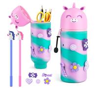 HGRGHH Kawaii Estuche 2 en 1 Silicona, Estuche de Silicona Extensible, Stuche Retráctil para Lápices con 2 Bolígrafos, Cierre de Cremallera, Estuche para Lápices para Niños y Niñas