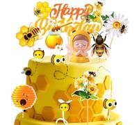 HGSHUO Decoración para Tartas Abeja Cumpleaños Decoración de Pastel Bee Toppers para Tartas Happy Birthday Adorno para Tarta Margarita Cupcake Topper Fiesta de Cumpleaños A