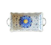 Hhaoran-9868 Fuente de cerámica para hornear Bandeja de cerámica for hornear con dos asas, bordes curvos, textura floral, tazón for postre, vajilla cuadrada Molde para hornear