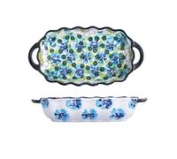 Hhaoran-9868 Fuente de cerámica para hornear Bandeja de cerámica for hornear pintada a mano con asas for en la cocina Molde para hornear