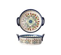 Hhaoran-9868 Fuente de cerámica para hornear Bandeja for hornear multifuncional de gran capacidad con asa, plato for ensalada, vajilla retro cerámica for el hogar Molde para hornear