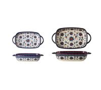 Hhaoran-9868 Fuente de cerámica para hornear Juego de 2 moldes rectangulares for hornear con diseño floral trébol vintage, cerámica doble asa, for el hogar Molde para hornear