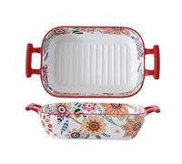 Hhaoran-9868 Fuente de cerámica para hornear Molde rectangular de cerámica con forma flor mariposa 850 ml doble asa for hornear carnes asadas Molde para hornear