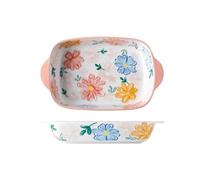 Hhaoran-9868 Fuente de cerámica para hornear Vajilla de cerámica 500 ml for hornear queso, arroz, horno microondas, bandeja doble Molde para hornear(Pink)