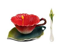 Hhaoran-9868 Tazas creativas pastorales pintadas a mano esmaltadas de color esmaltado, taza de café con forma de flor, taza de café con taza, plato y cuchara, taza de café