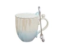 Hhaoran-9868 Tazas de cerámica exquisita taza de aderezo perla de concha de 420 ml taza de gran capacidad con tapa y cuchara, taza de café (azul)