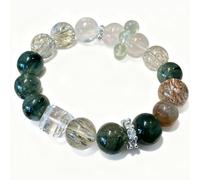 HHCTEBEC Pulsera de Cuentas de Piedras Preciosas curativas rutiladas Verdes de Cristal Blanco Natural, Pulseras de energía de Cristal elástico de 12 mm para Mujeres y Hombres, meditación,12mm