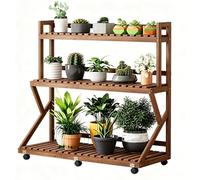 HHCTEBEC Soporte para Plantas de 3 Niveles para Interiores, Estante Alto con Ruedas, Soporte para macetas de Madera, Plataforma de Listones, estantes de Almacenamiento para Ventana, Patio,Marrón,60