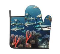 HHGFASD Juego de dos piezas de guantes resistentes al calor de alta gama y almohadillas aislantes con patrón de tiburones bajo el mar