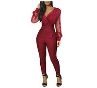 HHMY Jumpsuits para mujer Verano largo - manga larga, cuello en V, mono elegante para boda, mono, pantalón, fiesta, sexy, traje entero., rojo, M