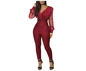 HHMY Jumpsuits para mujer Verano largo - manga larga, cuello en V, mono elegante para boda, mono, pantalón, fiesta, sexy, traje entero., rojo, M