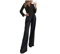 HHMY Mono Elegante de Mujer con Mangas Largas - Atuendo de Una Pieza para Mujer, Elegante y Festivo para Bodas, Largo, Mono Sólido con Cuello en V, Pantalón de Pierna Ancha, Mono de Negocios, Mono