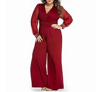 HHMY - Mono festivo para mujer, tallas grandes - Atuendo de pantalón para mujer, de negocios, tallas grandes, sexy, manga larga, cuello en V, elegante, largo, malla, para boda y fiesta, Vino, S