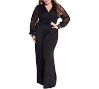 HHMY - Mono festivo para mujer, tallas grandes - Atuendo de pantalón para mujer, de negocios, tallas grandes, sexy, manga larga, cuello en V, elegante, largo, malla, para boda y fiesta, Negro , XL