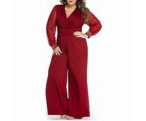 HHMY - Mono festivo para mujer, tallas grandes - Atuendo de pantalón para mujer, de negocios, tallas grandes, sexy, manga larga, cuello en V, elegante, largo, malla, para boda y fiesta, Vino, S