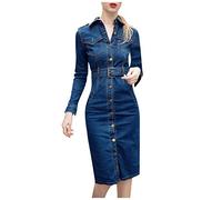 HHMY Vestido vaquero para mujer, manga larga, vestido de fiesta, largo, vestido de noche, elegante, vestido de cóctel, vintage, vestido vaquero, con botones, blusa, vestido sexy, vestido de camisa,