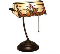 HHRLCH 11 Inch Vintage Baroque Stained Glass Table Lamp Banker Lamp Desk Light with Pull Chain for Living Room Bedroom Bedside Desk Beside Office