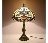 HHRLCH 12" Dragonfly Table Lamp Stained Glass Bedside Lamp Antique Zinc Base Decor Desk Lamp for Bedroom Living Room Home Office A6
