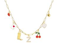 HHRLCH 14K Gold Filled Initial Charm Necklace For Women, Boho Red Lips Cherry Heart R S T U V W X Y Z Letter Gold Charm Necklace Boots Crystal Initials Necklaces, Cowgirl Beach Charm Necklace