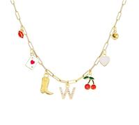 HHRLCH 14K Gold Filled Initial Charm Necklace For Women, Boho Red Lips Cherry Heart R S T U V W X Y Z Letter Gold Charm Necklace Boots Crystal Initials Necklaces, Cowgirl Beach Charm Necklace
