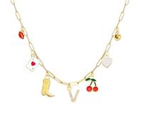 HHRLCH 14K Gold Filled Initial Charm Necklace For Women, Boho Red Lips Cherry Heart R S T U V W X Y Z Letter Gold Charm Necklace Boots Crystal Initials Necklaces, Cowgirl Beach Charm Necklace