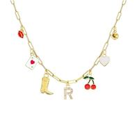 HHRLCH 14K Gold Filled Initial Charm Necklace For Women, Boho Red Lips Cherry Heart R S T U V W X Y Z Letter Gold Charm Necklace Boots Crystal Initials Necklaces, Cowgirl Beach Charm Necklace