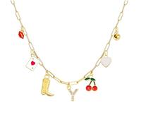 HHRLCH 14K Gold Filled Initial Charm Necklace For Women, Boho Red Lips Cherry Heart R S T U V W X Y Z Letter Gold Charm Necklace Boots Crystal Initials Necklaces, Cowgirl Beach Charm Necklace