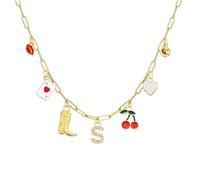 HHRLCH 14K Gold Filled Initial Charm Necklace For Women, Boho Red Lips Cherry Heart R S T U V W X Y Z Letter Gold Charm Necklace Boots Crystal Initials Necklaces, Cowgirl Beach Charm Necklace