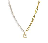 HHRLCH 26 Letter Half Pearl Half Chain Necklace For Women Men, Shiny Zircon Half Pearl Necklace - Simulated Pearl Necklace, Half Pearl Half Chain Necklace Initial For Birthday Valentine Gifts