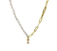 HHRLCH 26 Letter Half Pearl Half Chain Necklace For Women Men, Shiny Zircon Half Pearl Necklace - Simulated Pearl Necklace, Half Pearl Half Chain Necklace Initial For Birthday Valentine Gifts