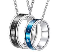 HHRLCH 2PCS His Hers Matching Set for Couples, Heartbeat Spinner Women's Necklaces with Charms, Black Blue Stainless Steel Promise Ring Necklace, Length 50/ 60CM